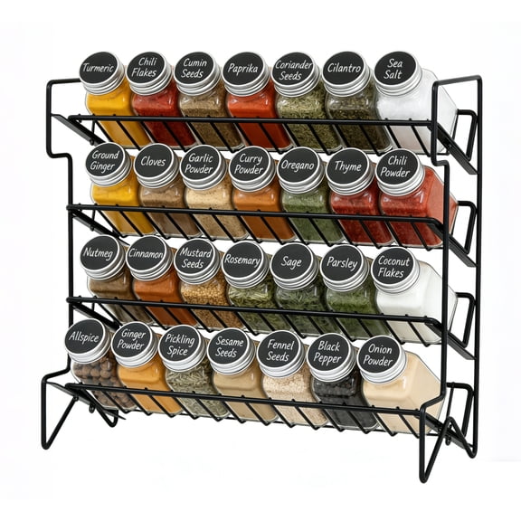 Aovky Spice Rack Organizer for Countertop, 4-Tier Heavy-Duty Metal Standing Seasoning Organizer Storage Rack for Kitchen, Pantry & Cupboard, Jars Not Included, Black