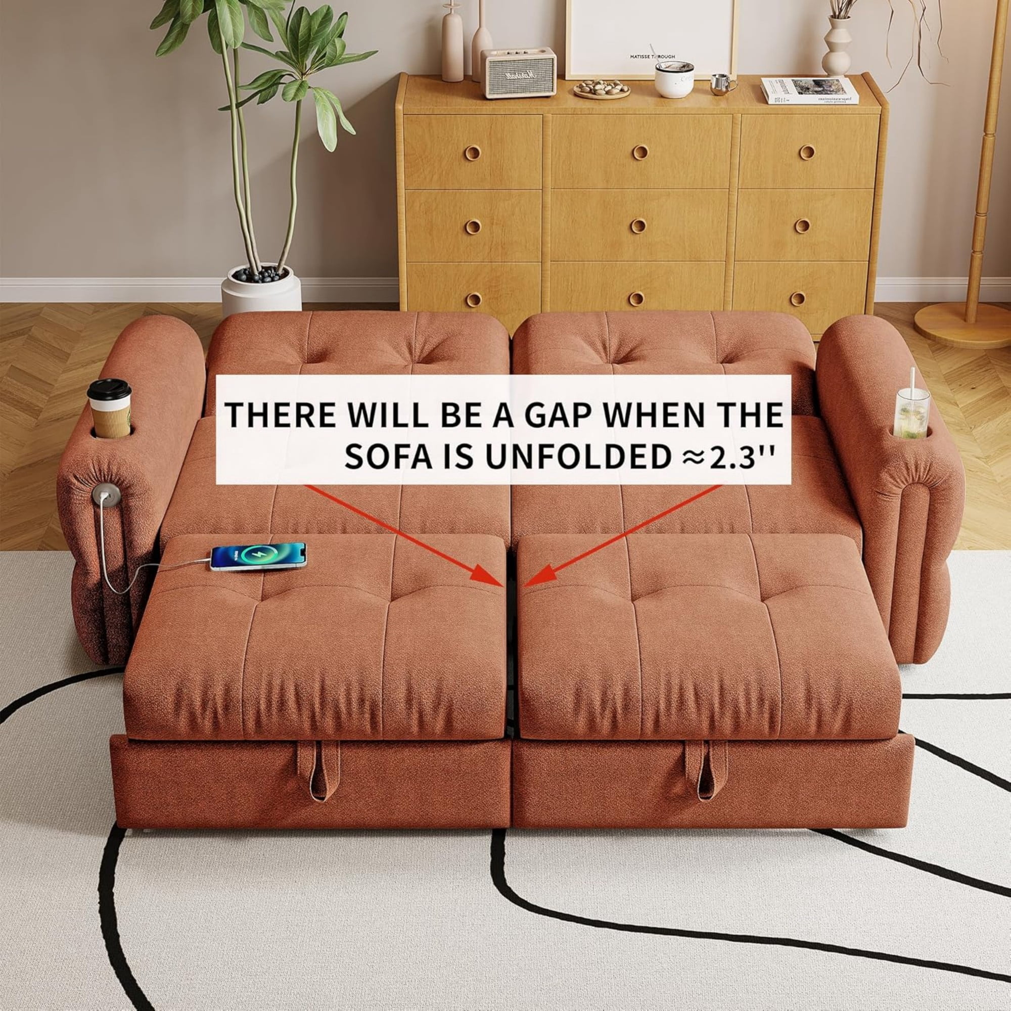 LLappuil 77" Pull Out Sofa Bed Queen Size, Loveseat Sofa Convertible Sofa Bed with USB Port Cupholders, Chenille Sofa Couch for Living Room Orange