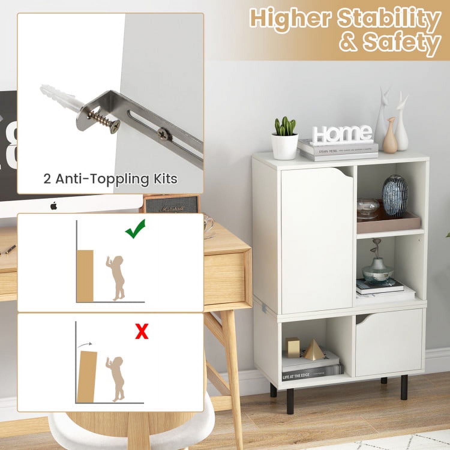 Demi Bonn Stackable Bookcase with Adjustable Shelf and Cubes, Free Standing 6 Cube Storage Cabinet, White