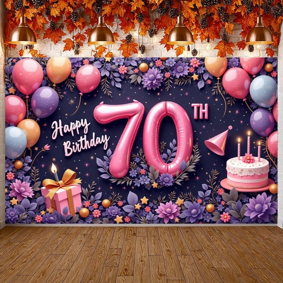 Pink Theme 70th Birthday Banner 70th Balloon Display Colorful Balloons Floral Decor Birthday Party Backdrop for 70th Birthday Party Adult Celebration Indoor Party
