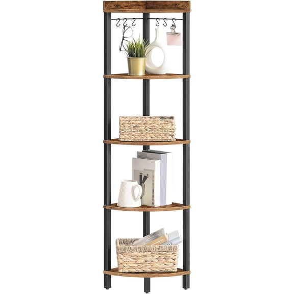 5 Tier Corner Shelf Stand, Industrial Corner Bookshelf Display Shelf, Corner Storage Rack Tall Plant Stand, Corner Bookcase for Small Spaces, Rustic Brown and Black