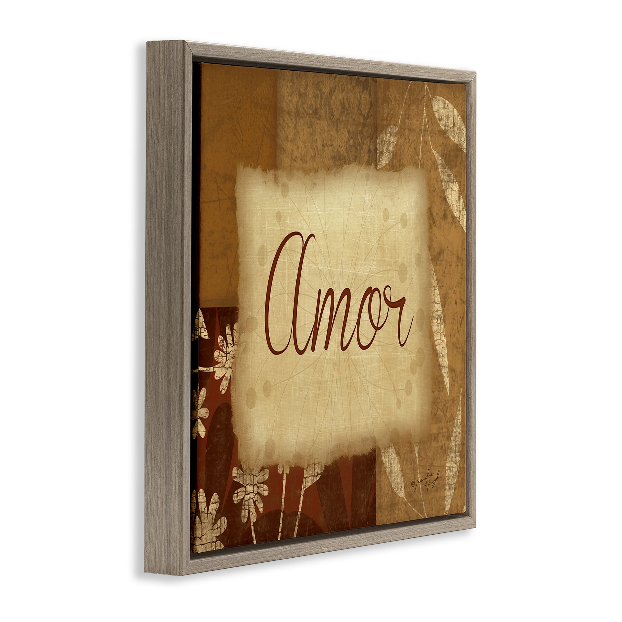Stupell Industries Amor con Flores Tradicionales Typography and Symbols Painting Brown Floater Framed Art Print Wall Art, 25 x 25