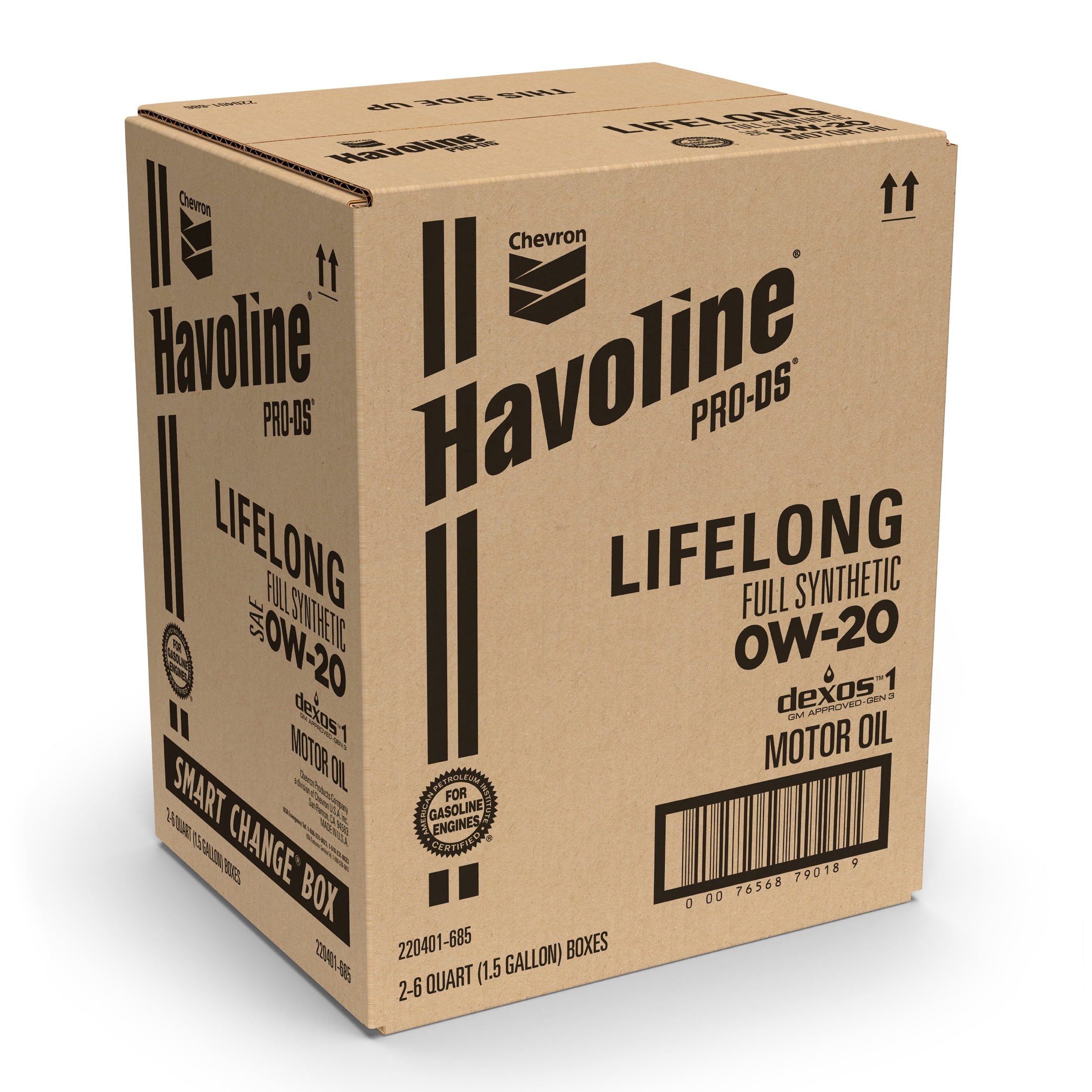 Chevron Havoline Lifelong Full Synthetic Motor Oil 0W-20, 6 Quart Smart Change Box Case (2-Pack)