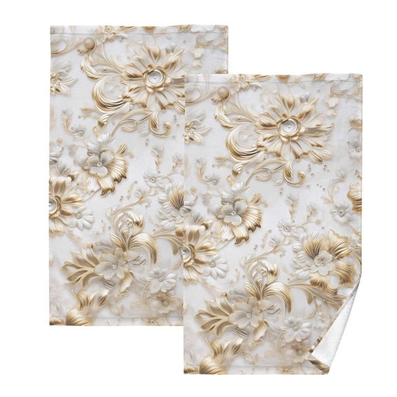 Golden Flowers 2 PCs Cotton Hand Towels Absorbent Face Towel Soft Breathable Towel Set for Bathroom Kitchen Hotel Gym Decoration