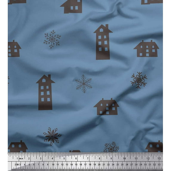 Soimoi Blue Rayon Crepe Fabric Snowflake & House Clip Art Print Sewing Fabric Yard 46 Inch Wide