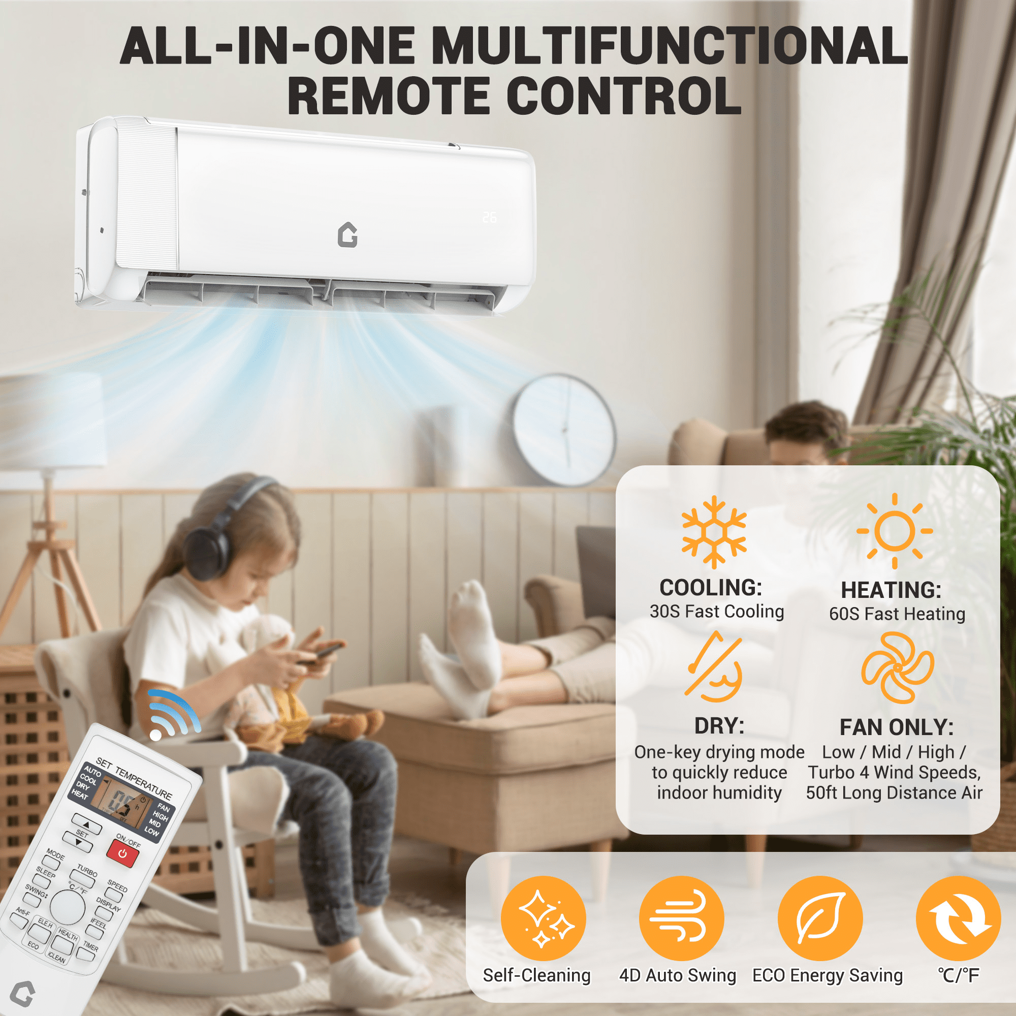 12000 BTU Mini Split AC & Heat Pump, 22 SEER Ductless Wall-Mounted System, 110V, WiFi Enabled, Quiet Cooling & Heating, Easy Installation Kit