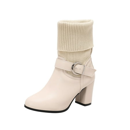 

BELLZELY Wide Width Women Shoes Clearance Sharp Pointed Thick Heeled Belt Buckle Wear More Sleeve Wool Short Boots