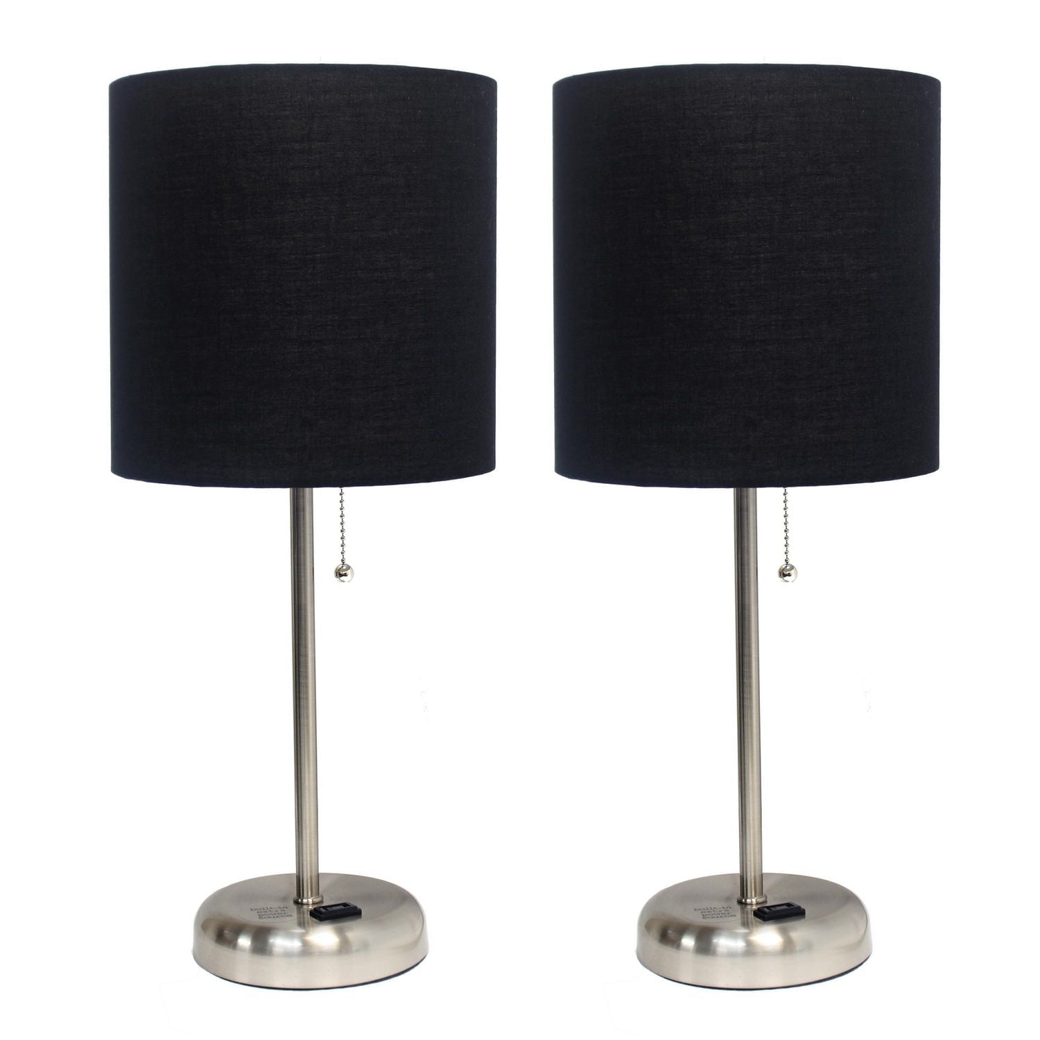LimeLights Brushed Steel Stick Lamp with Charging Outlet and Fabric Shade 2 Pack Set