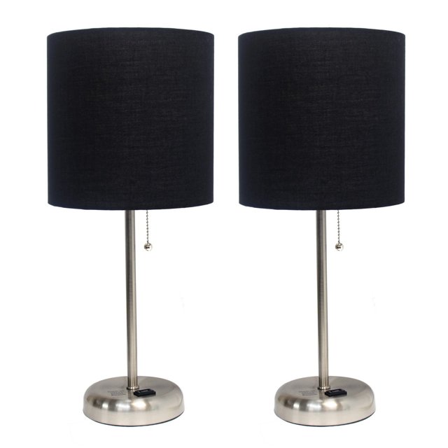 Pair of brushed steel stick lamps with black fabric shades, pull chain switches, and built-in charging outlets on round bases.