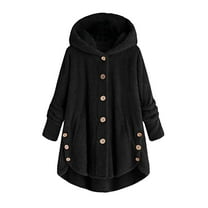 asdoklhq Clearance Womens Tops,Women Plus Size Button Plush Tops Hooded Loose Cardigan Wool Coat Winter Jacket