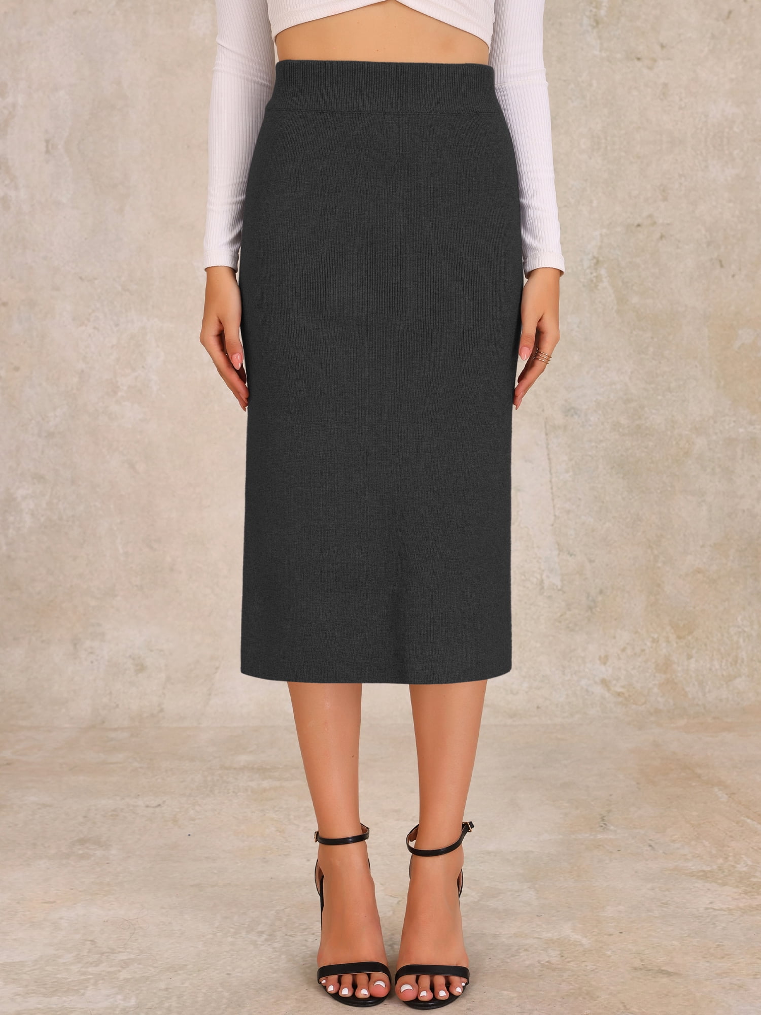 DARING DIVA Women's Ribbed Knit Stretchy Slit Midi Skirt S Dark Gray