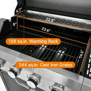 4 Burner BBQ Propane Gas Grill with Side Burner, Outdoor Stainless Steel 46790 BTU Patio Garden BBQ Grill with Lid, Wheels for Camping, Outdoor Cooking