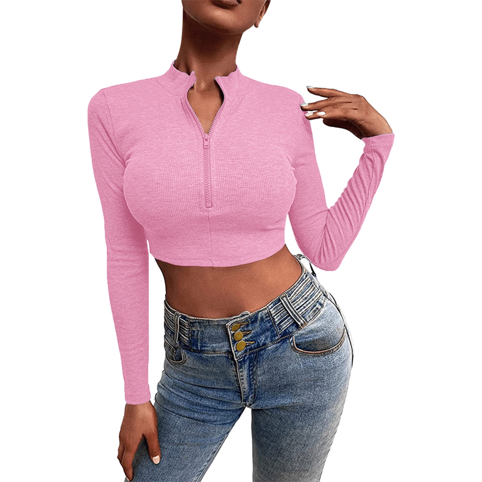 JDEFEG Long Sleeve Shirts for Women Trendy Womens Long Sleeve Knit Ribbed Crop Top Ruched Front Zipper Stand Collar Tees Shirt Womens Tech Shirt