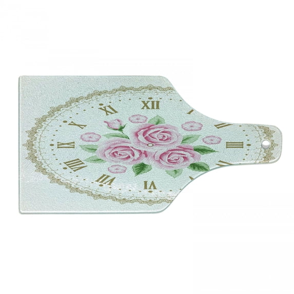 Shabby Flora Cutting Board, Vintage Clock Face Roses Roman Numbers Antique Vintage Style, Decorative Tempered Glass Cutting and Serving Board, Wine Bottle Shape, Dark Khaki Pale Pink, by Ambesonne