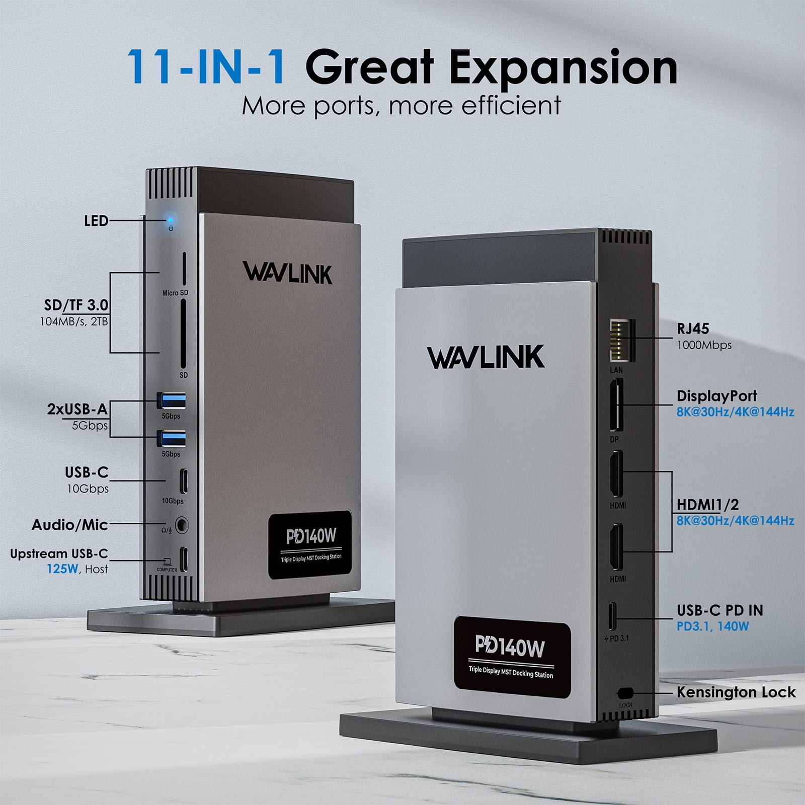 Dock Station 140W charge USB Dock with 8K HDMI/DisplayPort, RJ45, 10Gbps USB, SD/TF for M1/M2/M3&Win