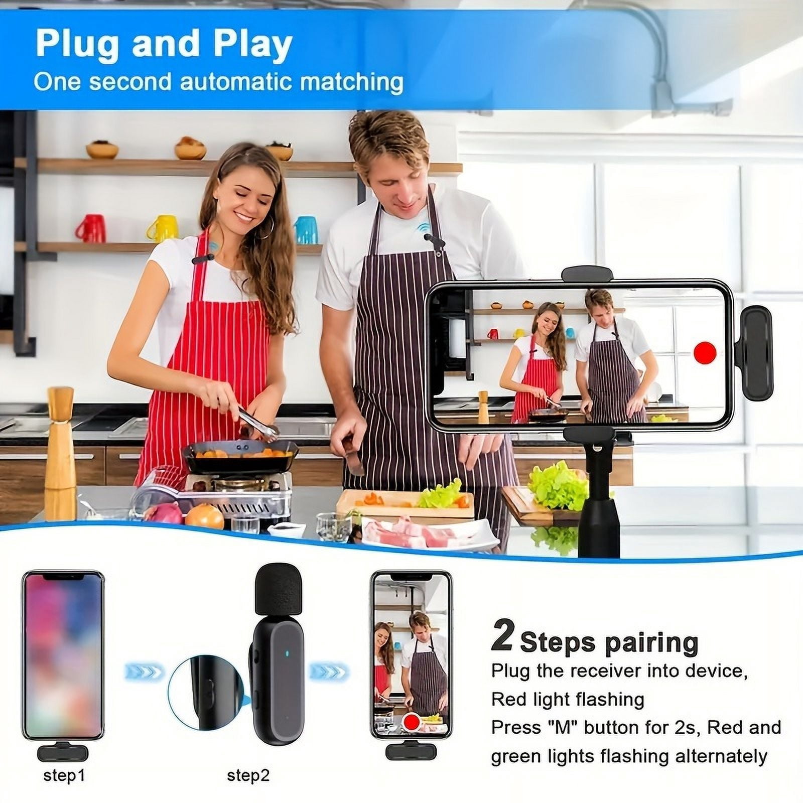 2 professional wireless collar microphone, noise reduction plug and play, suitable for Android, iPhone, iPad, including adapters, suitable for live broadcast, recording, Vlog, wireless microphone.