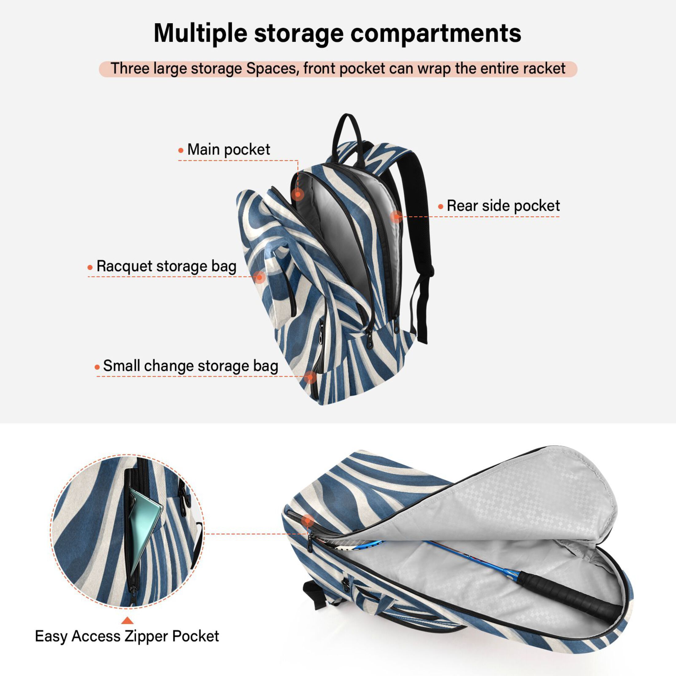 2 Racquet Holder Tennis Backpack Tennis Racket Covers Gym Bags Dark Blue Zebra Stripes