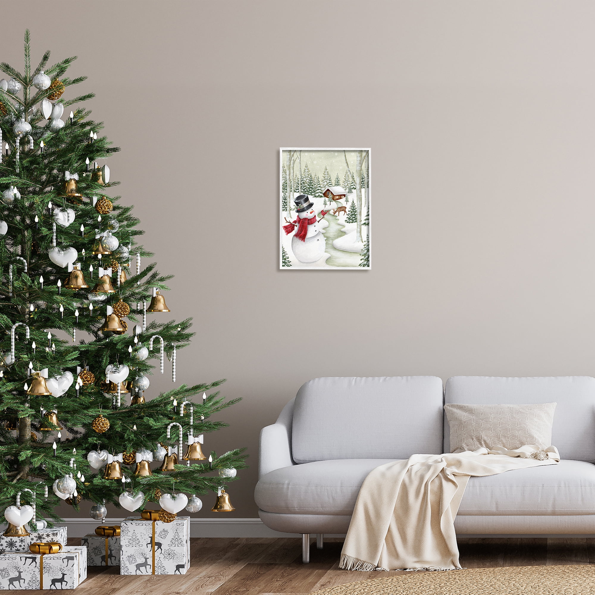Stupell Industries Snowman on Snowy Path Holiday Painting White Framed Art Print Wall Art, 16 x 20
