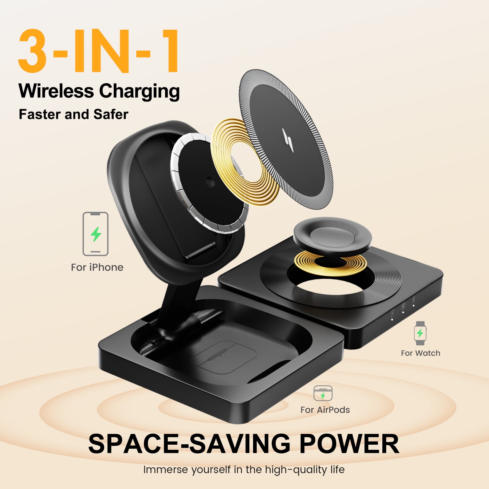 3 in 1 Foldable Wireless Charger, 15W Fast Charging Charger Compatible with iPhone 17 16 15 14 13 12, Portable Watch Charger for iWatch Series,for AirPods Pro 4 3 2 1 (Black)