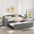 thumbnail image 2 of Twin Size Daybed with Trundle and Three Drawers, Modern Linen Tufted Upholstered Daybed Frame with 10 Slat Support Dual-use Solid Wood Platform Sofa Bed with Square Arms for Bedroom Living Room, Gray, 2 of 7