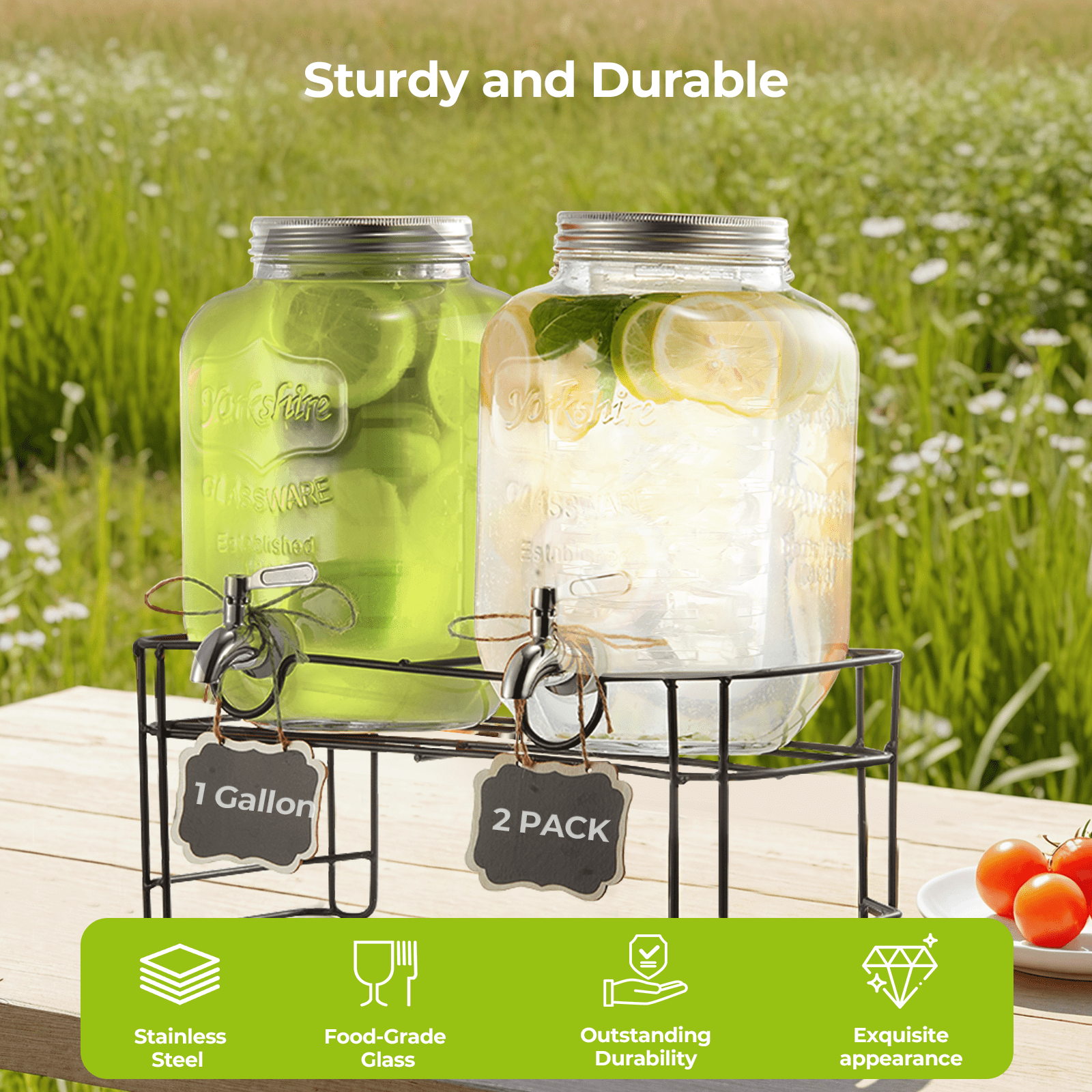 Beverage Dispenser, 2 Pack 1 Gallon Drink Dispensers for Parties, with Leakproof Stainless Steel Spigot, Stand, Infuser, for Christmas, BBQ, Picnic, Lemonade, Cocktails