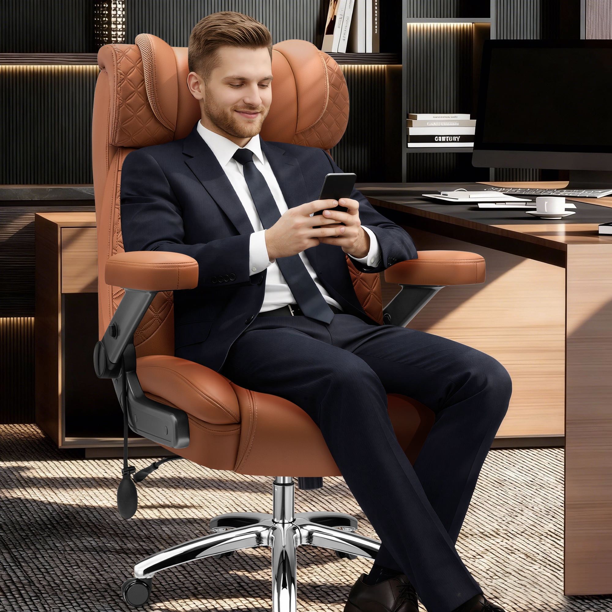 FASTES Leather Office Chair Big and Tall Desk Office Chair, 500lbs Computer Chair Ergonomic Extra Wide Gaming Chair with Adjustable Lumbar Support 5D Flip Arms,Brown