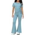 thumbnail image 2 of Girls 2 Piece Outfit Set, Kids & Kids Short Sleeve Top with High Waisted Flare Pants, Soft Ribbed Knit Matching Play Clothes, Blue,Size 1-2T, 2 of 5