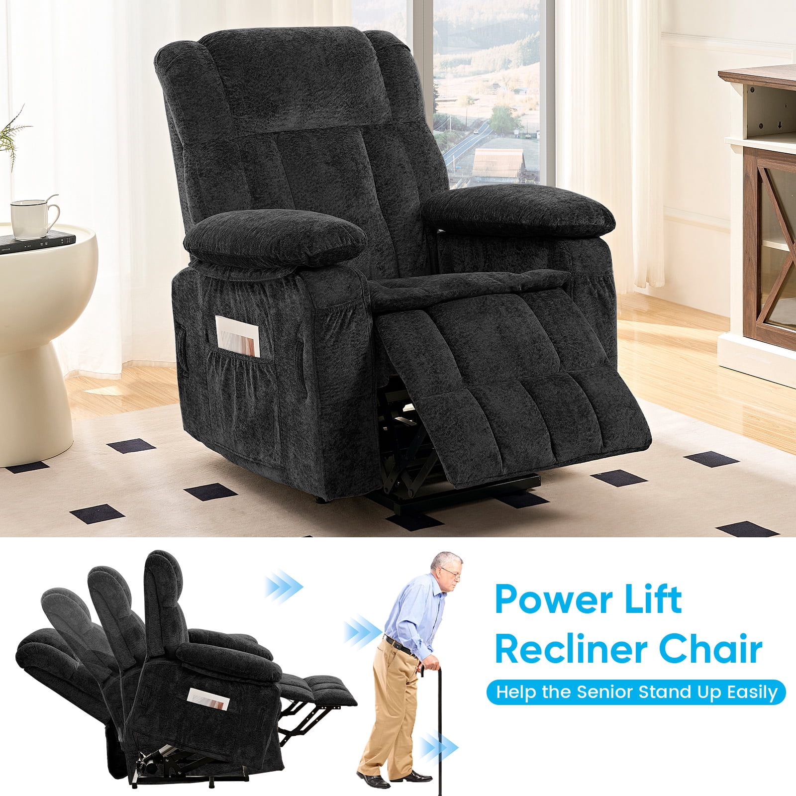 BALUS Oversized Power Lift Recliner with Dual Motor for Elderly, Velvet Arm Chair with Heat and Massage for Living Room, Black