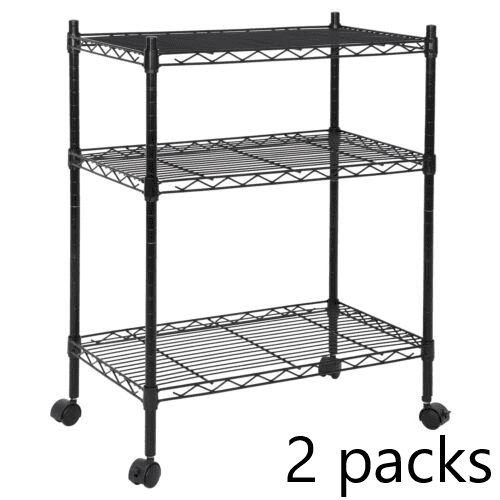 PRZL 3-Shelf Adjustable Heavy Duty Storage Wire Shelving Unit with Wheels, Metal Organizer Wire Rack Microwave Utility Cart, Black （2pcs）