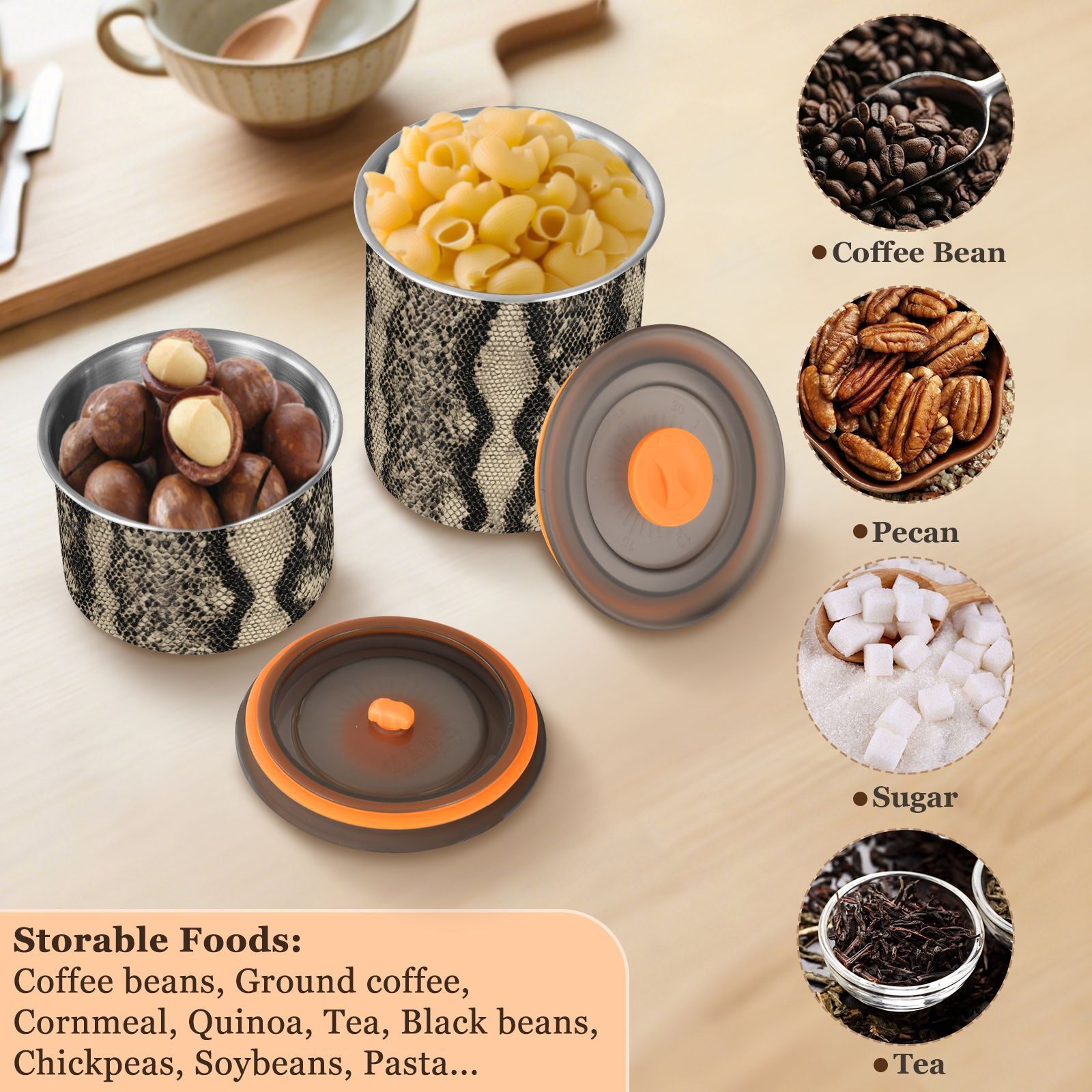 Snake Print Airtight Coffee Bean Canister 30oz Food Storage Containers with Lids For Gournd, Tea, Sugar, Flour, Rice, Cereal, Candy Cookie Jar
