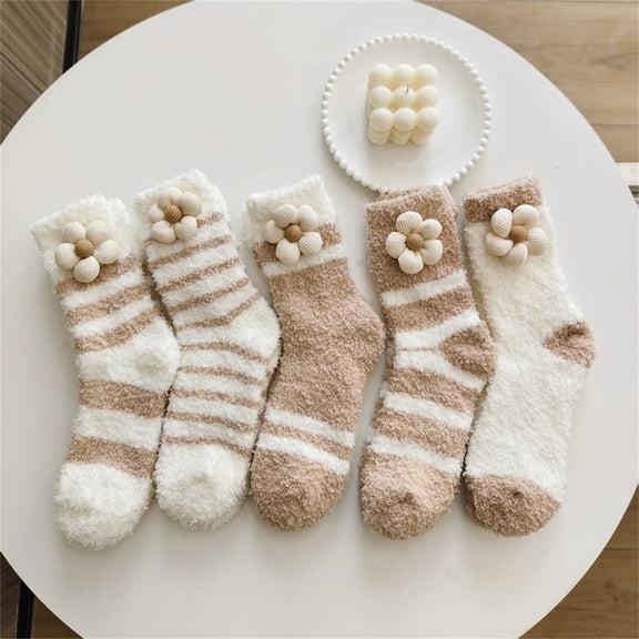 CNEJRHG 1Pair Womens Fuzzy Socks Winter Thickening Coral Velvet Cozy Slipper Socks Warm Flower Decor Mid-Calf Floor Socks Indoor Outdoor Crew Socks for Women Brown