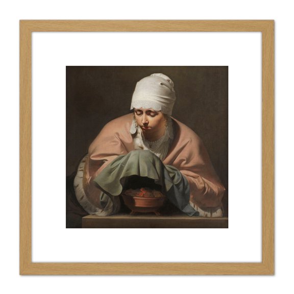 Van Everdingen Woman Warming Hands Brazier 8X8 Inch Square Wooden Framed Wall Art Print Picture with Mount
