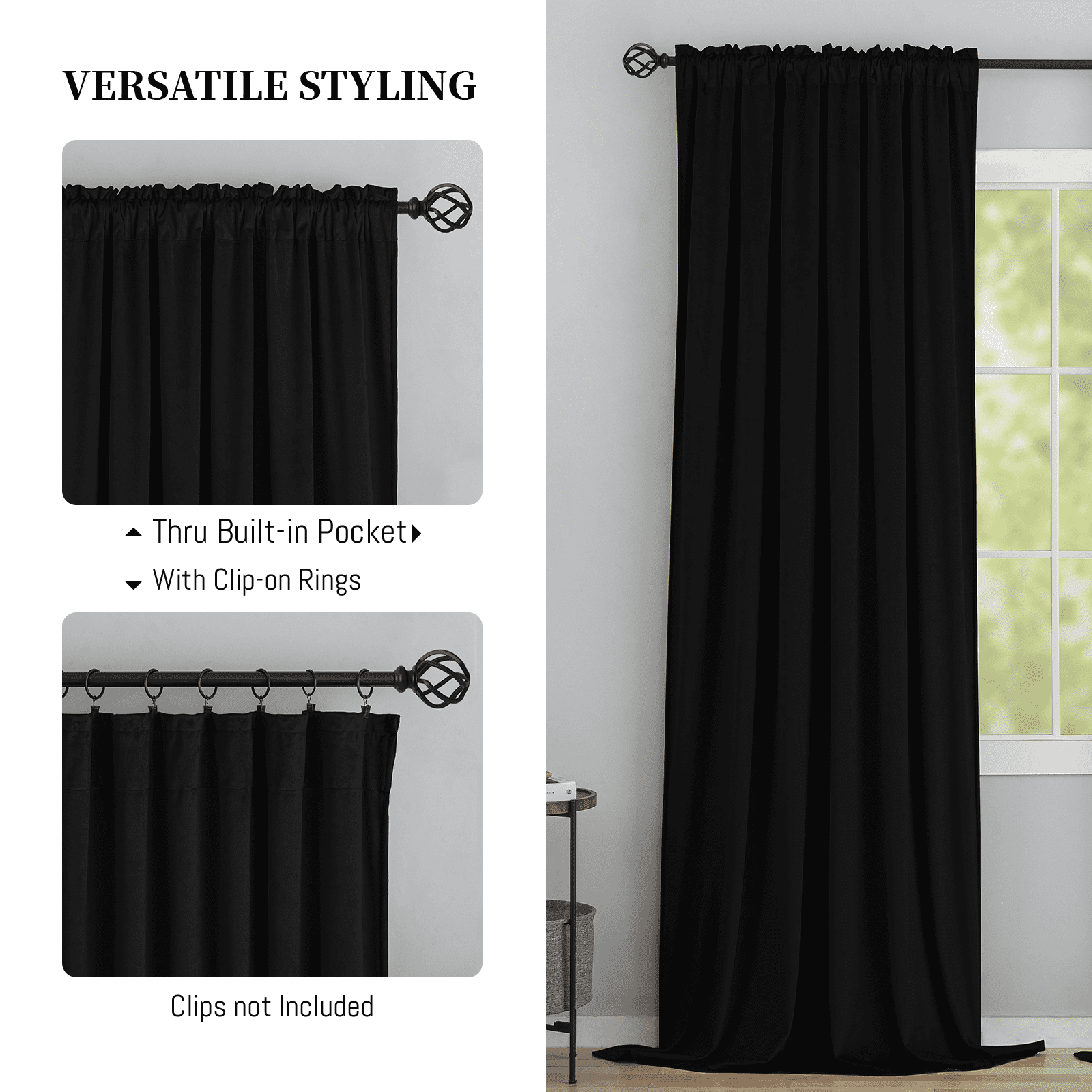 Yakamok Velvet Curtains 84inches Long - Retro Black Thermal Insulated Light Blocking Window Drapes for Living Room, Privacy Protect Room Dividers for Bedroom, W52 x L84, 2 Panels Rod Pocket