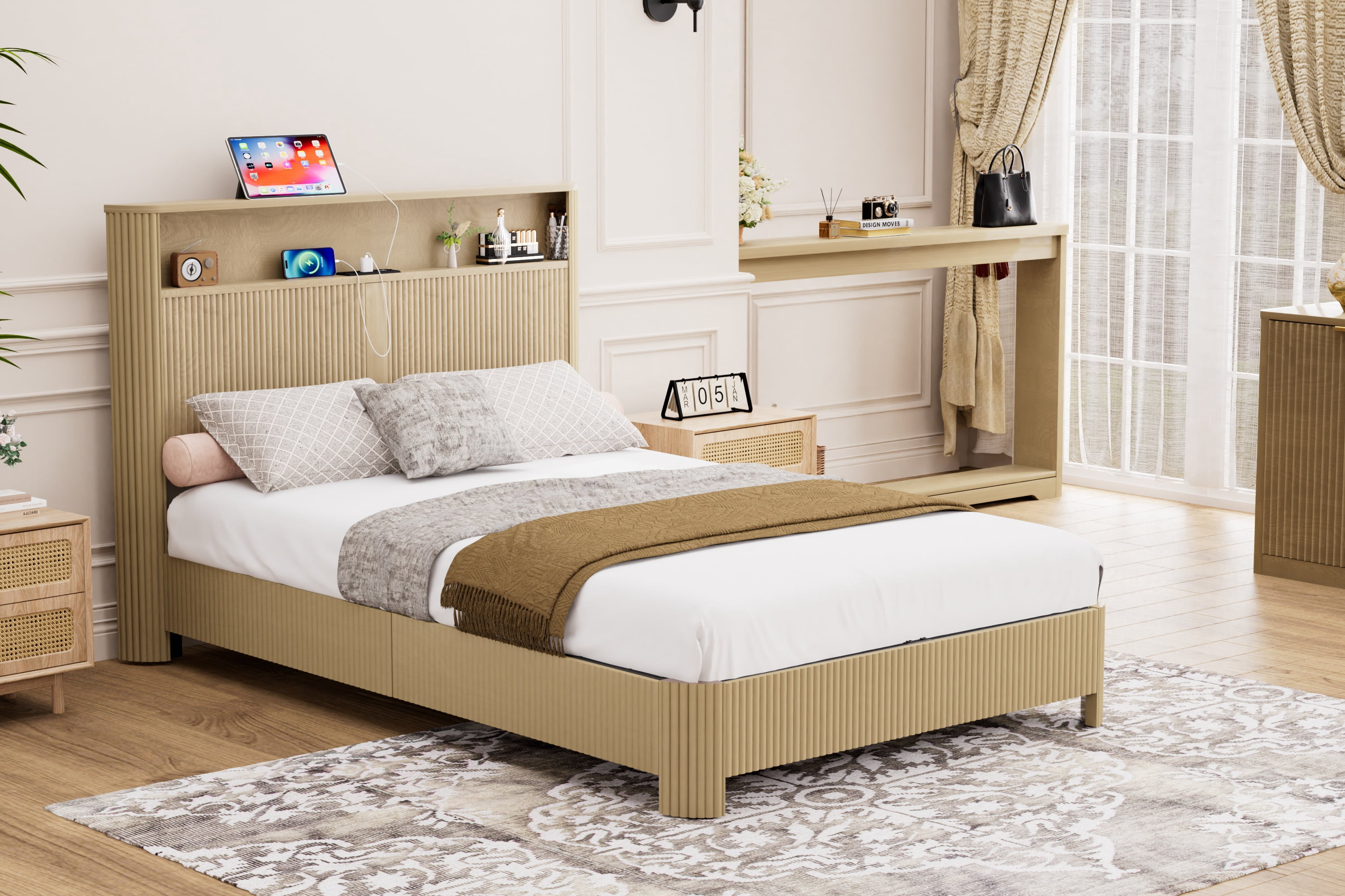 Full XL Bed Frame,Natural Finish Wavy Curved Platform Bed with Storage Headboard,Built-in Charging Station,Silent Metal Support Structure