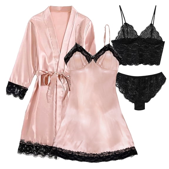 LOFIR Sexy Lingerie Set for Women – 4-Piece Satin Pajama Set with Floral Lace Top, Shorts, and Robe – Perfect Gift for Women – Pink, L