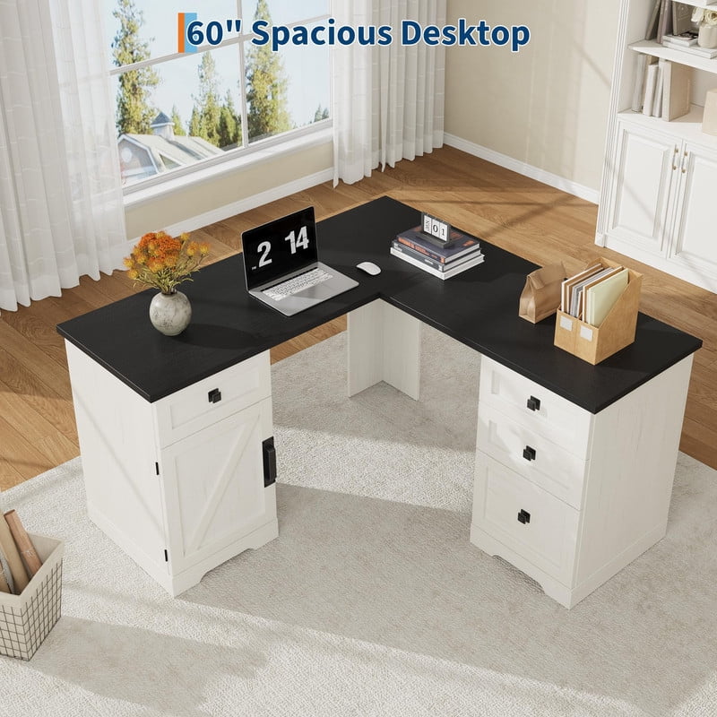 Towallmark L Shaped Desk, Farmhouse Office Desk 60 Inch, Corner Computer Desk With File Drawer And Storage Cabinet, Executive Home Office Furniture, Adjustable Storage, Brown Finish