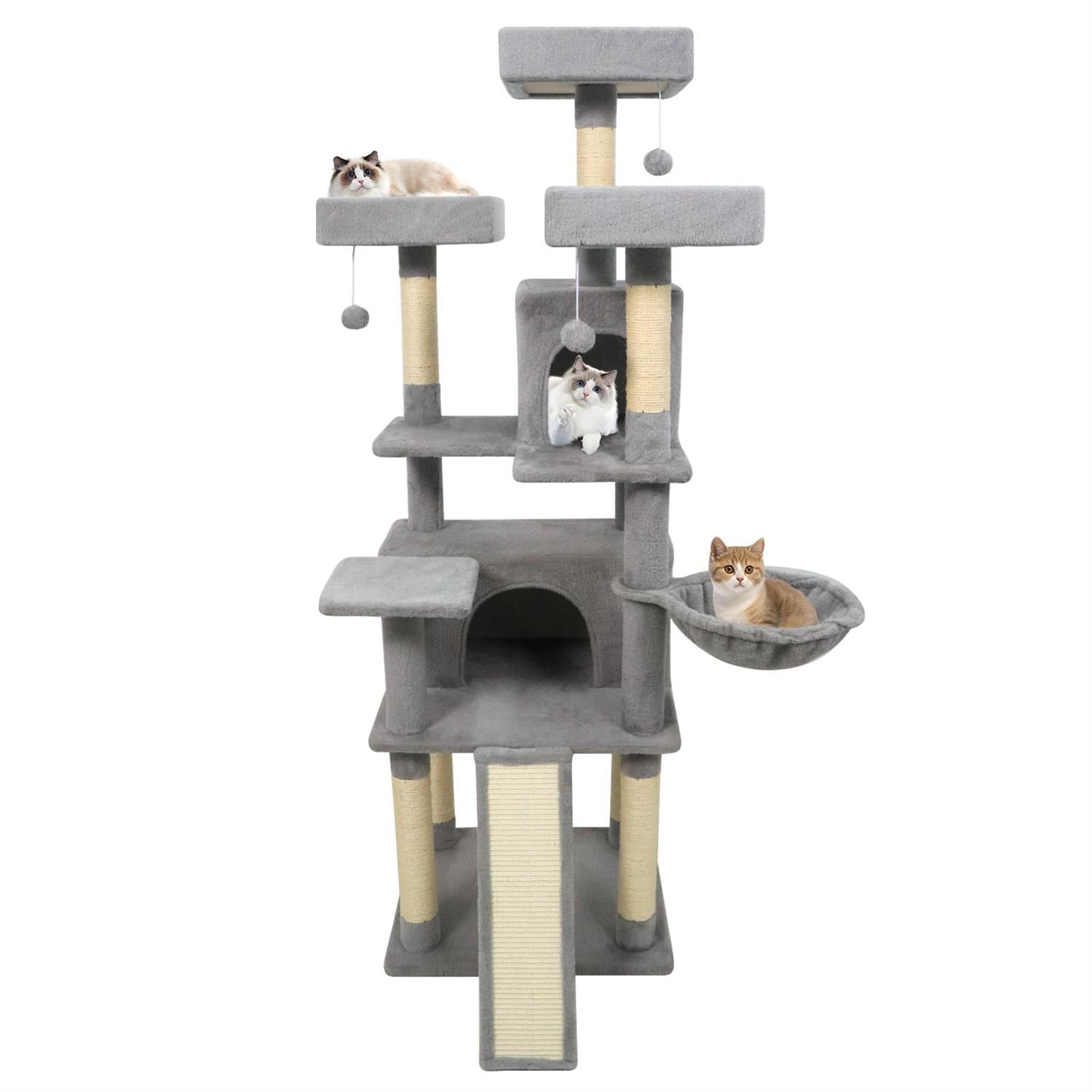 Pefilos 65" Tall Multi-Level Cat Tree, 3 Upholstered Perches & 2 Condos, Sisal Scratching Posts, Light Gray