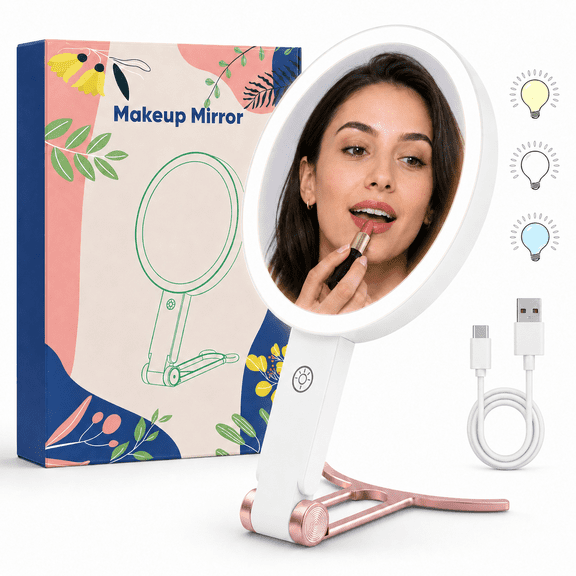 Travel Makeup Mirror with Lights, 10X/1X Double-Sided Magnifying Mirror, Portable Rechargeable 3 Color Dimmable Mirror for Desk, Handheld and Hanging