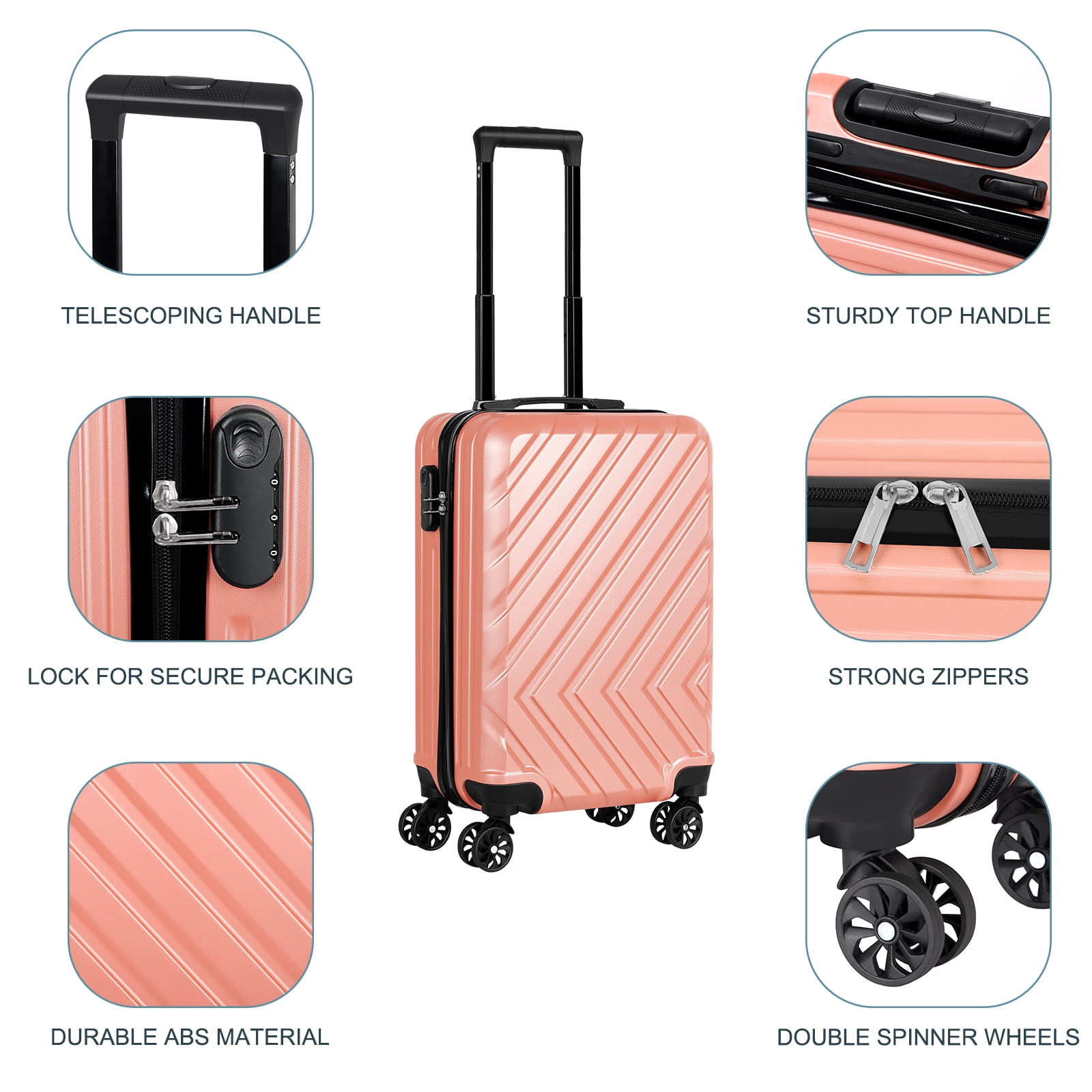 Arrow Stripe Luggage Travel Sliding Wheels 20" Rose Gold