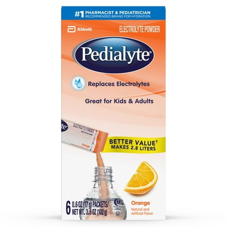 (3 pack) Pedialyte Electrolyte Powder, Electrolyte Drink, Orange, Powder Sticks, .6 oz, 6 (Best Tasting Electrolyte Drink)