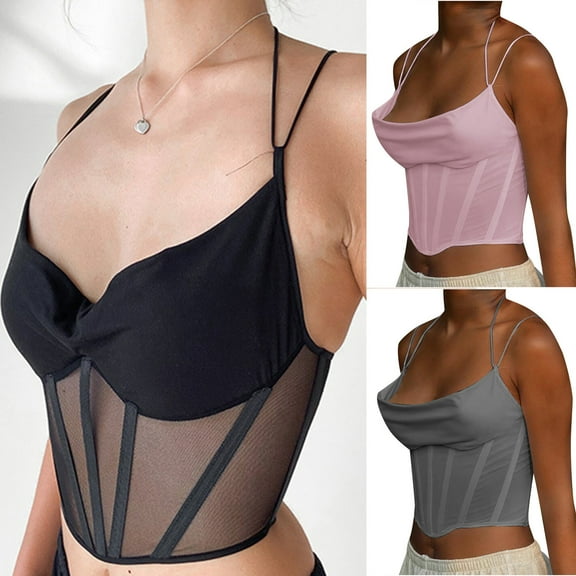 Jinhomg Women's Corset Top Trendy Sexy Mesh Sheer Spaghetti Strap Going Out Slimming Bustier Corset Bodysuit With Built In Bra Back to College Deals Black S