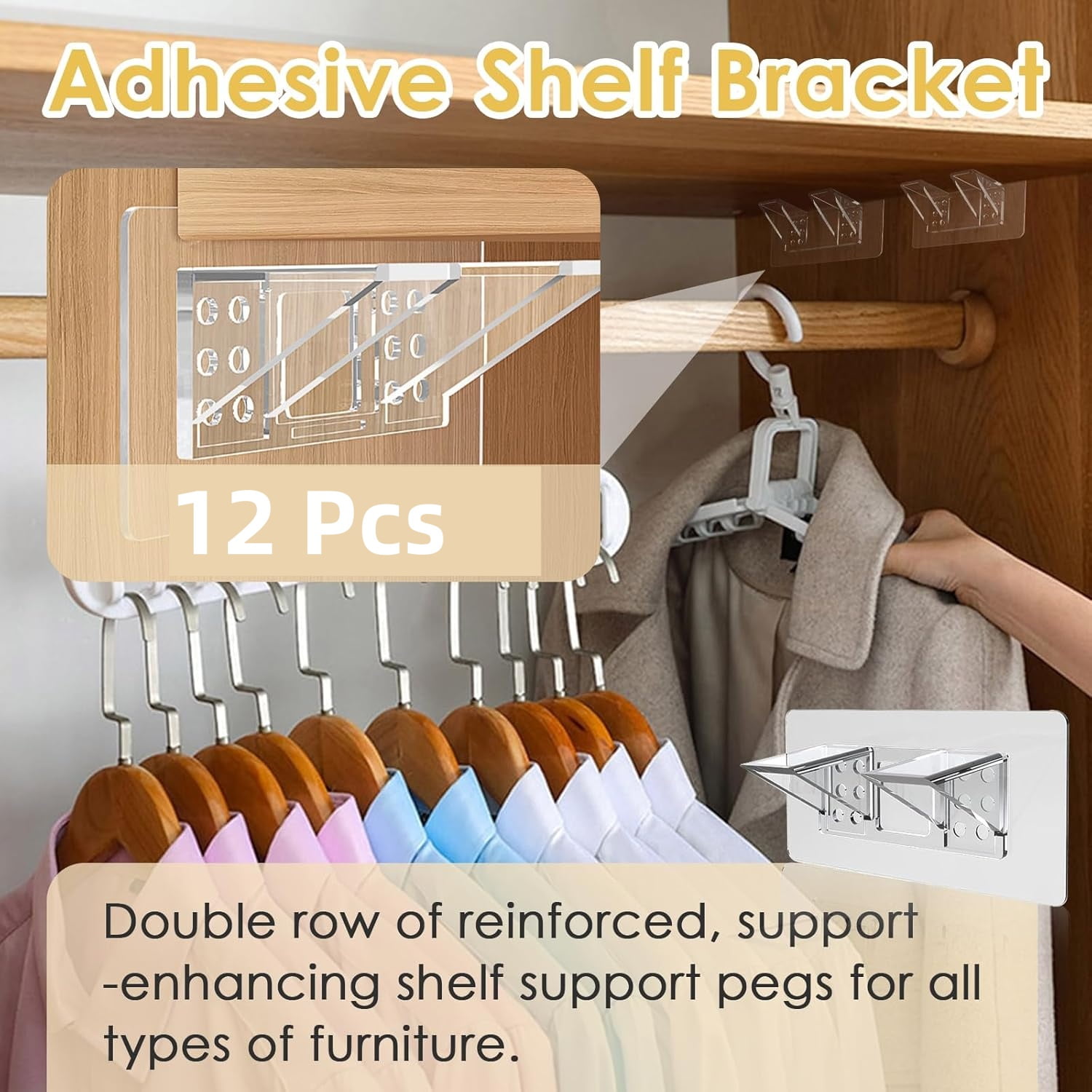 Large Size Adhesive Shelf Bracket, Double Row Shelf Bracket, No Drill Load-Bearing Shelf Peg Shelf Support for Shelves Kitchen Cabinet Book Closet, 12 Pack