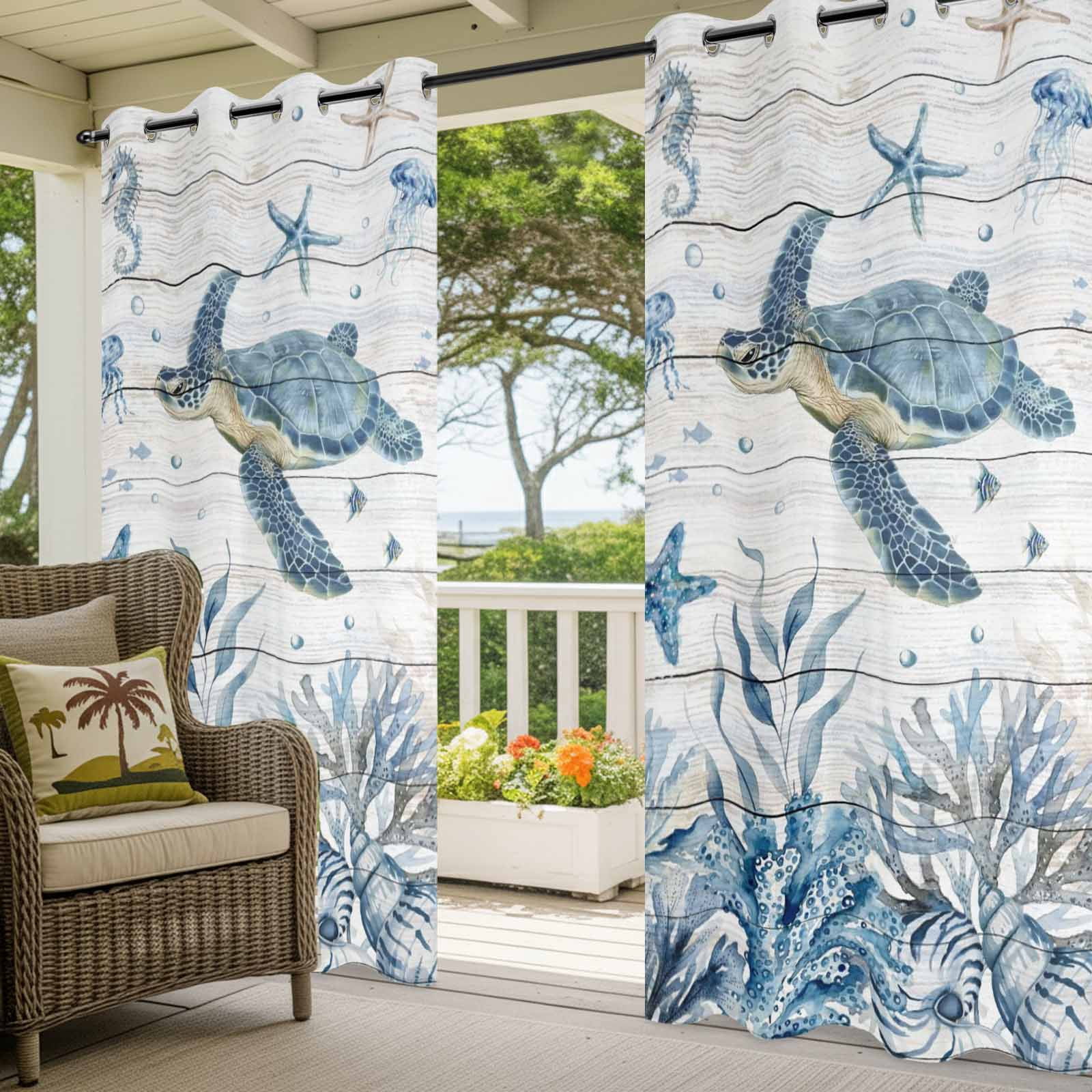 Marine Life Outdoor Curtains for Patio, Ocean Turtle Coral Starfish Seashell Coastal Wood Grain Sunshade Privacy Drapes Grommet Waterproof Outside Curtains for Porch/Cabana/Balcony 54"x 108", 1 Panel
