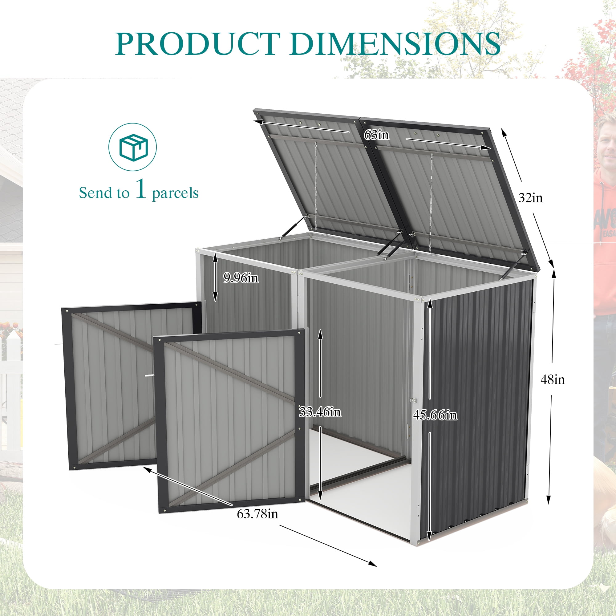 Aukfa 5.3 FT x 4 FT Outdoor Horizontal Garbage Bin Shed for 2 Trash Cans, Metal Trash Can Storage Shed with Lid Lift Chains & Hydraulic Support for Backyard Garden Lawn, Dark Gray