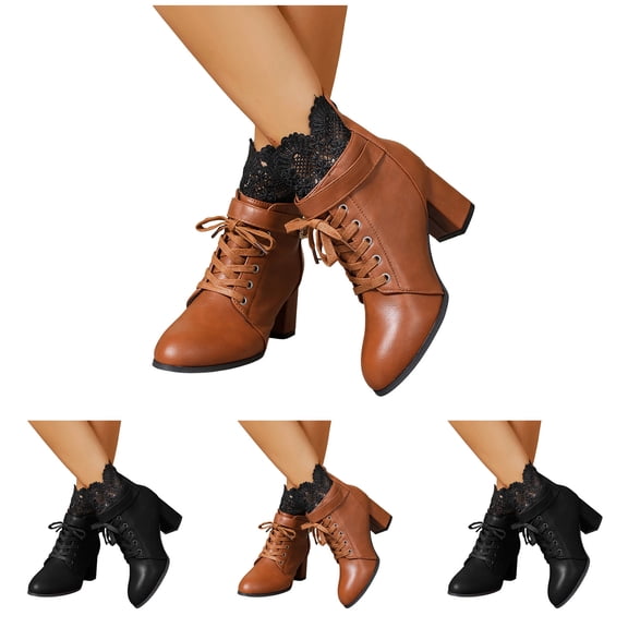 Pandaie Women's High Heel Ankle Boots Chunky Platform Lace up Combat Booties Round Toe Buckle Zipper Gothic Punk Shoes Black 6