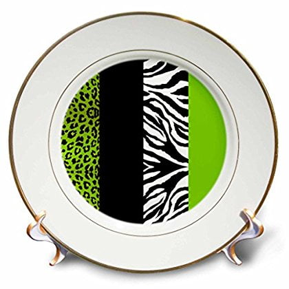 3dRose Lime Green Black and White Animal Print - Leopard and Zebra, Porcelain Plate,
