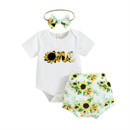 

ASEIDFNSA Little Girls Spring Outfits Baby Girl Outfit 3-6 Months Baby Girls Short Sleeve Letter Romper Tops Cartoon Print Shorts Pants With Headbands Set 3Pcs