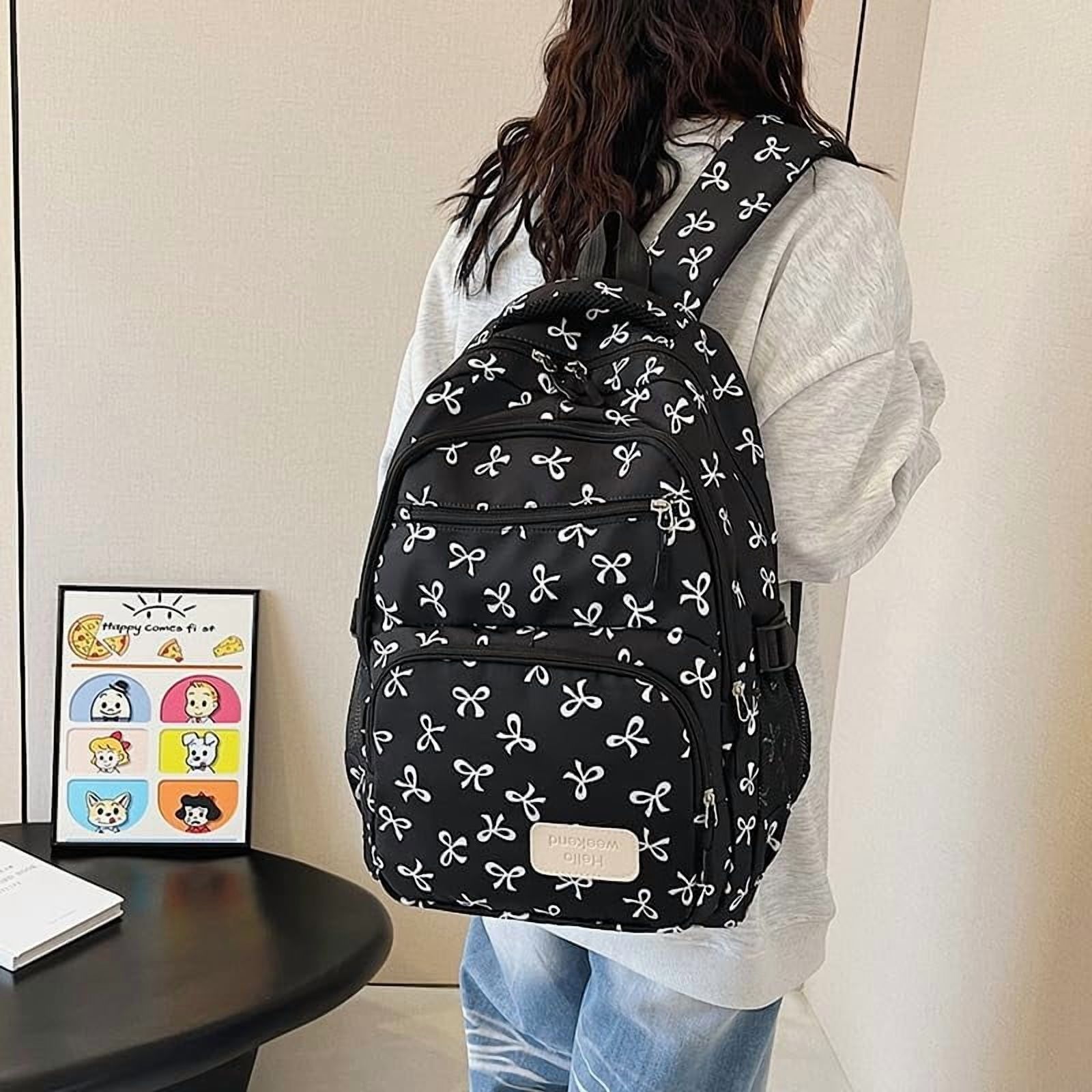 Lohol Coquette Aesthetic Backpack - Cute Kawaii Bow Rucksack for Women, Trendy & Lightweight Nylon Daypack (A03 Bow Black)