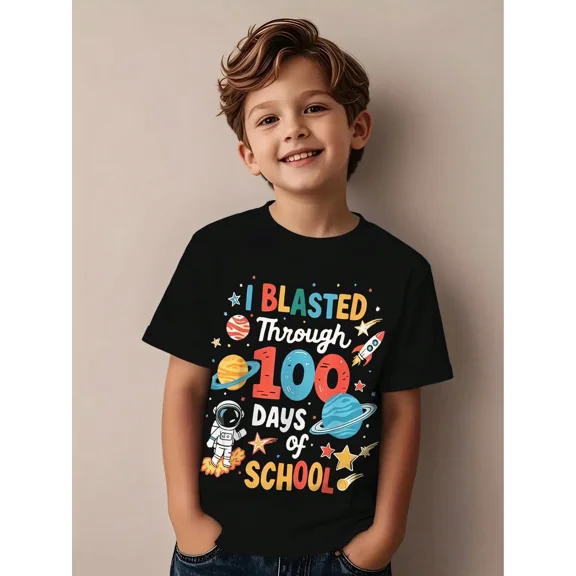 children's wear 100 Days of School Astronaut Space T-Shirt for Boys, Kids Outer Space Rocket Graphic Tee
