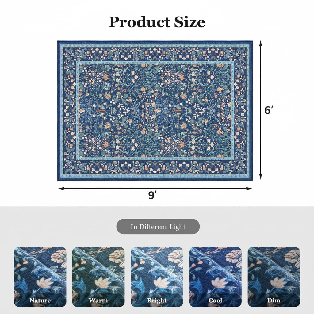 CHITOOMA 6'x9' Area Rugs for Living Room, Floral Washable Rug Boho Non-Slip Printed Carpet, Vintage Stain Resistant Indoor Rug for Bedroom Dining Room Home Office
